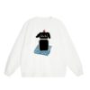 White Crew-Neck Sweatshirt With A Cute Black Cat Pattern