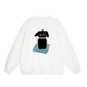 White Crew-Neck Sweatshirt With A Cute Black Cat Pattern