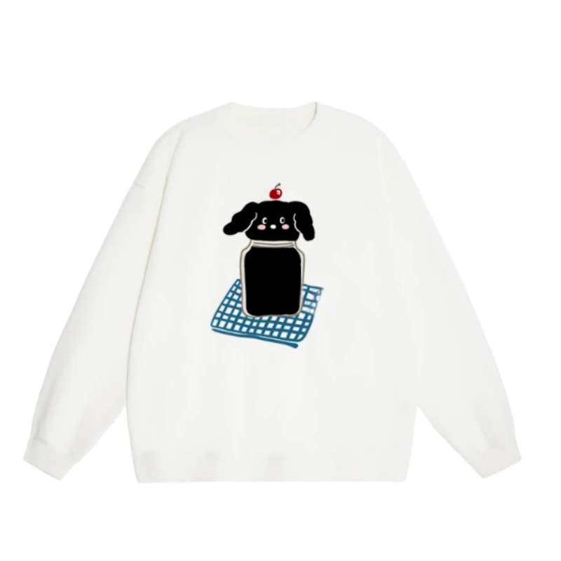 White Crew-Neck Sweatshirt With A Cute Black Cat Pattern