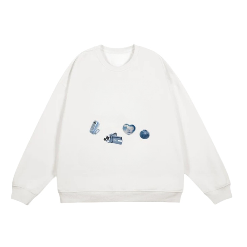 Graphic Sticker Print Crewneck Sweatshirt — Cream White
